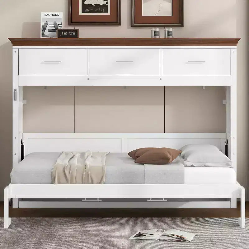 Lit mural escamotable Twin Size avec 3 tiroirs, lit-armoire pliable, blanc - ModernLuxe