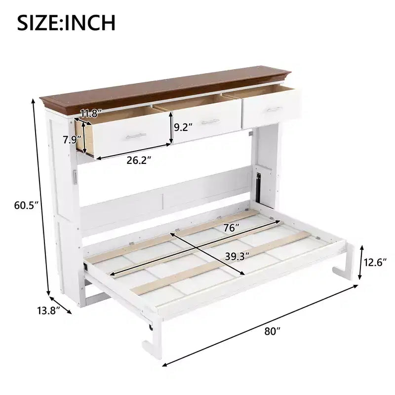 Lit mural escamotable Twin Size avec 3 tiroirs, lit-armoire pliable, blanc - ModernLuxe