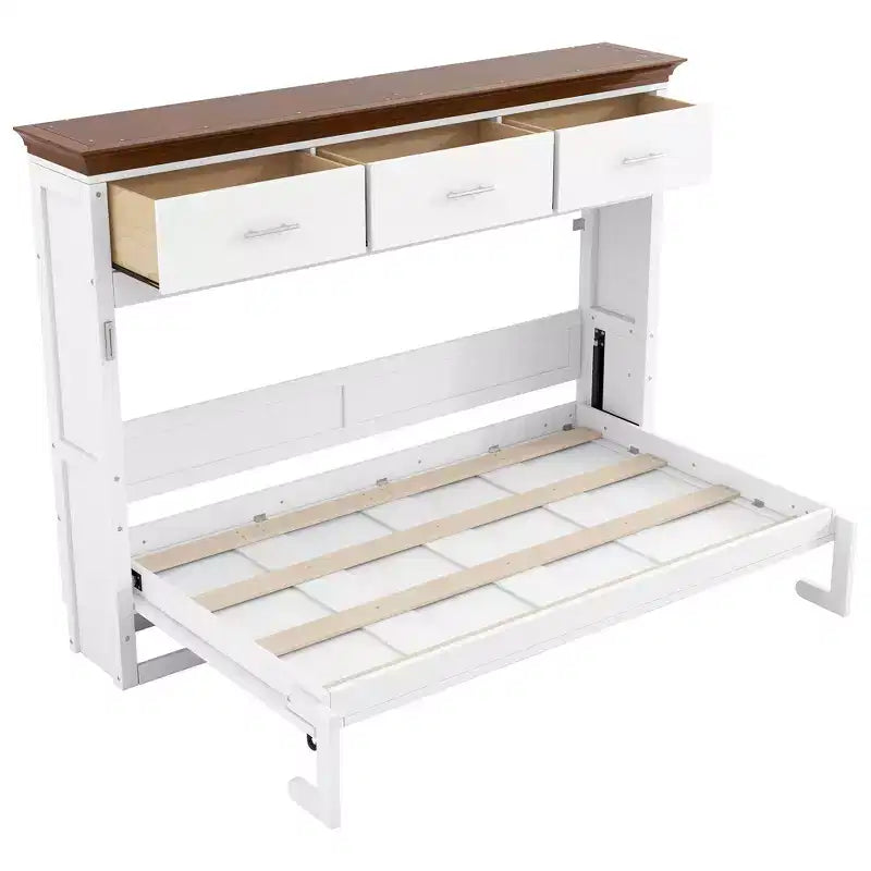 Lit mural escamotable Twin Size avec 3 tiroirs, lit-armoire pliable, blanc - ModernLuxe