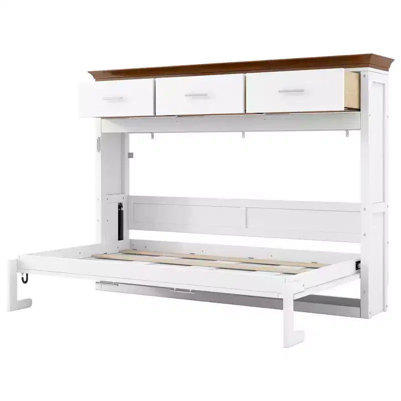 Lit mural escamotable Twin Size avec 3 tiroirs, lit-armoire pliable, blanc - ModernLuxe