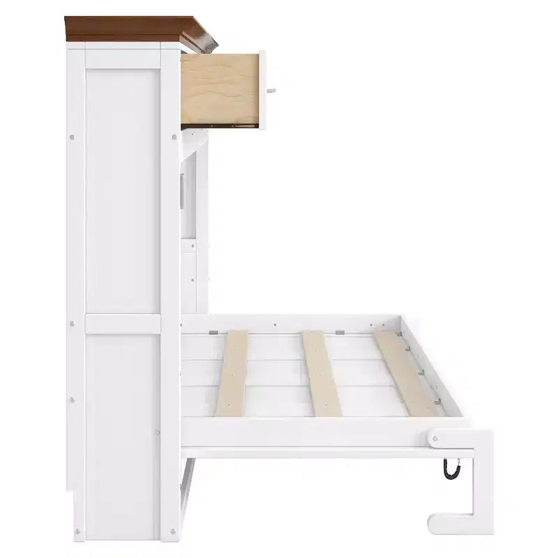 Lit mural escamotable Twin Size avec 3 tiroirs, lit-armoire pliable, blanc - ModernLuxe