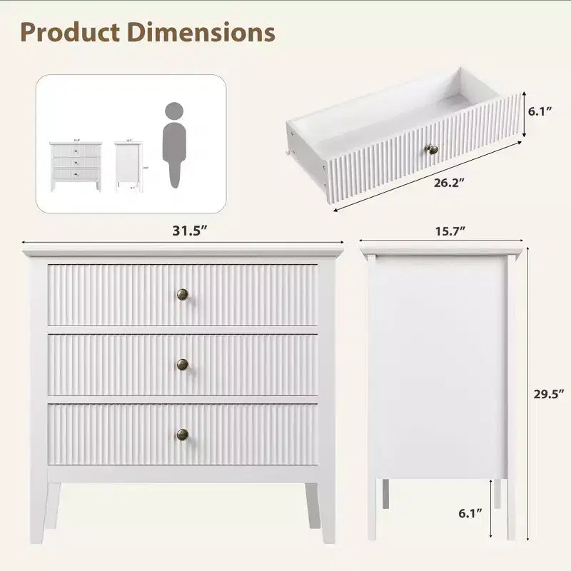 Commode à 3 tiroirs cannelée, commode de chevet de 80 cm de large pour chambre à coucher, commode moderne en bois, grande table de chevet peinte avec 3 tiroirs