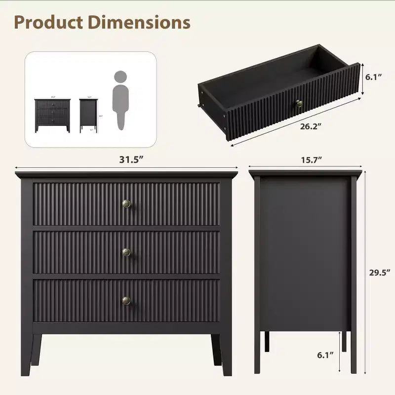 Commode à 3 tiroirs cannelée, commode de chevet de 80 cm de large pour chambre à coucher, commode moderne en bois, grande table de chevet peinte avec 3 tiroirs