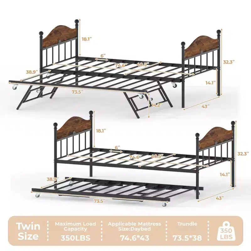 Lit de repos gigogne, lit de repos simple en métal avec tête de lit élégante, cadre de lit de canapé avec lit gigogne pliant relevable, plate-forme à lattes en acier robuste