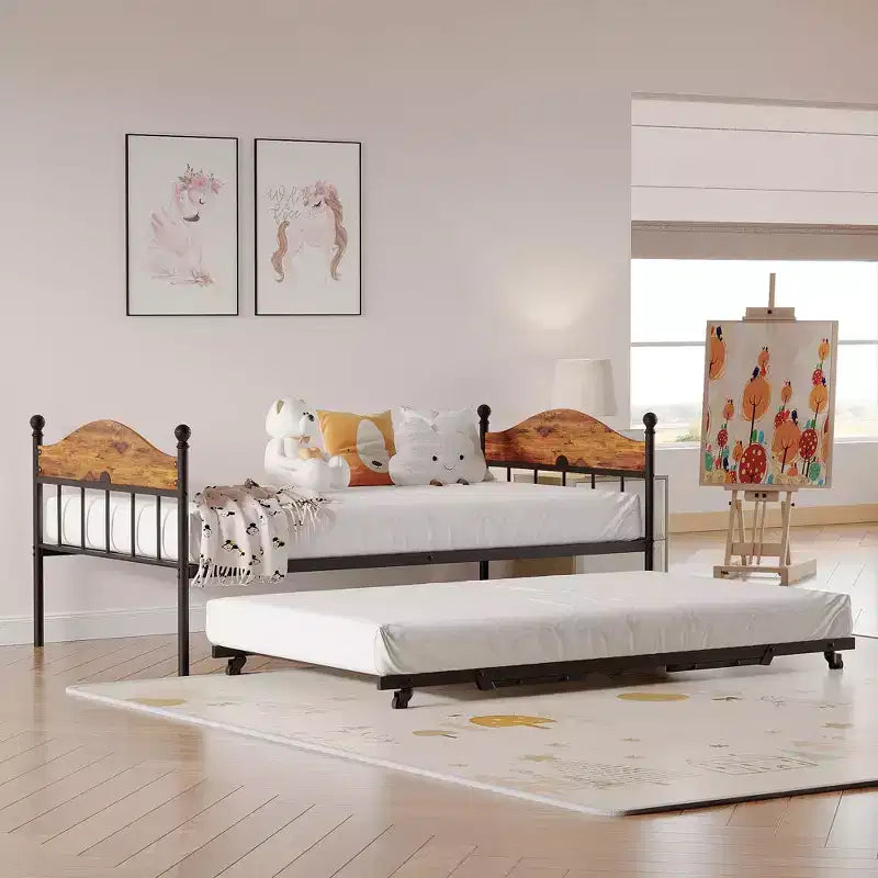 Lit de repos gigogne, lit de repos simple en métal avec tête de lit élégante, cadre de lit de canapé avec lit gigogne pliant relevable, plate-forme à lattes en acier robuste