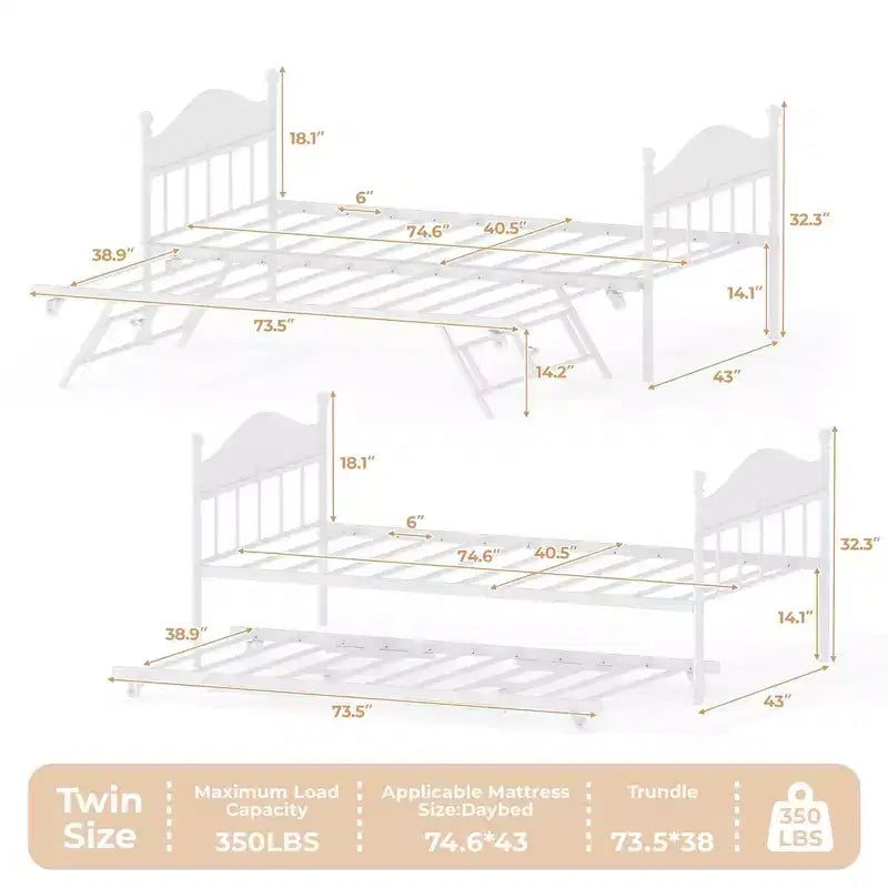 Lit de repos gigogne, lit de repos simple en métal avec tête de lit élégante, cadre de lit de canapé avec lit gigogne pliant relevable, plate-forme à lattes en acier robuste