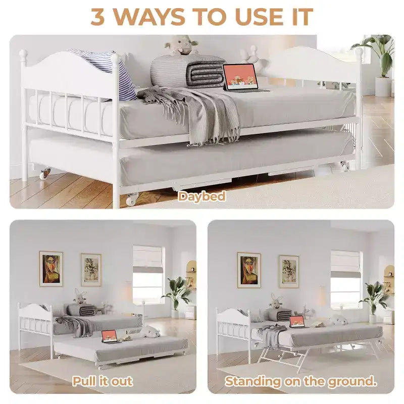 Lit de repos gigogne, lit de repos simple en métal avec tête de lit élégante, cadre de lit de canapé avec lit gigogne pliant relevable, plate-forme à lattes en acier robuste