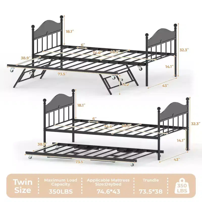 Lit de repos gigogne, lit de repos simple en métal avec tête de lit élégante, cadre de lit de canapé avec lit gigogne pliant relevable, plate-forme à lattes en acier robuste