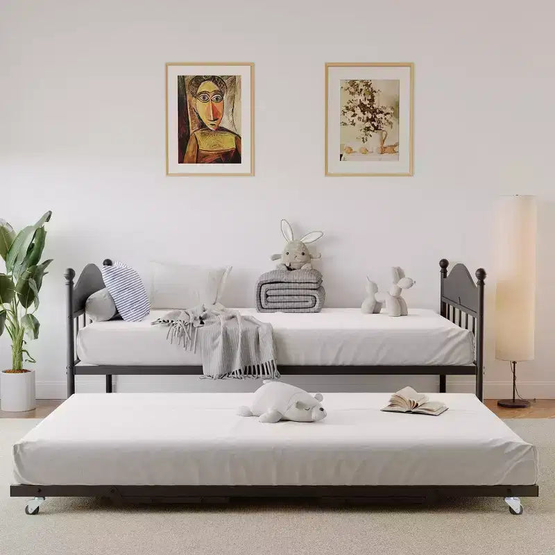 Lit de repos gigogne, lit de repos simple en métal avec tête de lit élégante, cadre de lit de canapé avec lit gigogne pliant relevable, plate-forme à lattes en acier robuste