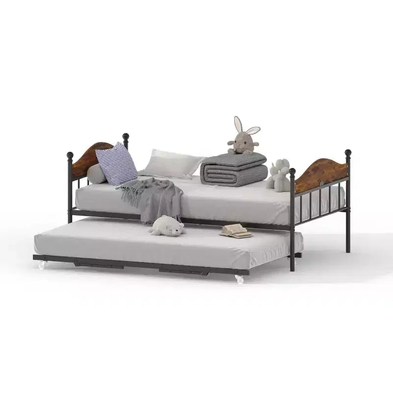 Lit de repos gigogne, lit de repos simple en métal avec tête de lit élégante, cadre de lit de canapé avec lit gigogne pliant relevable, plate-forme à lattes en acier robuste