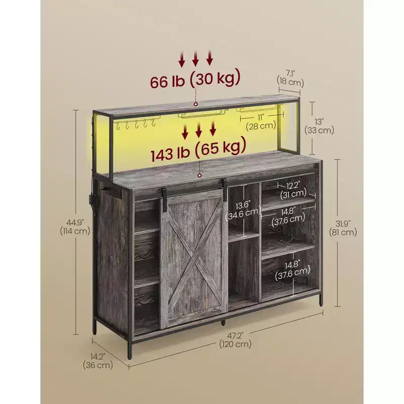 Meuble de bar à café SONGMICS HOME avec éclairage LED intelligent, portes de grange coulissantes, crochets en S, rangement pour le vin
