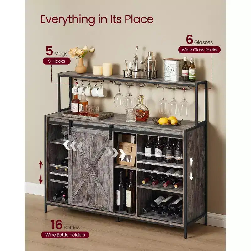 Meuble de bar à café SONGMICS HOME avec éclairage LED intelligent, portes de grange coulissantes, crochets en S, rangement pour le vin