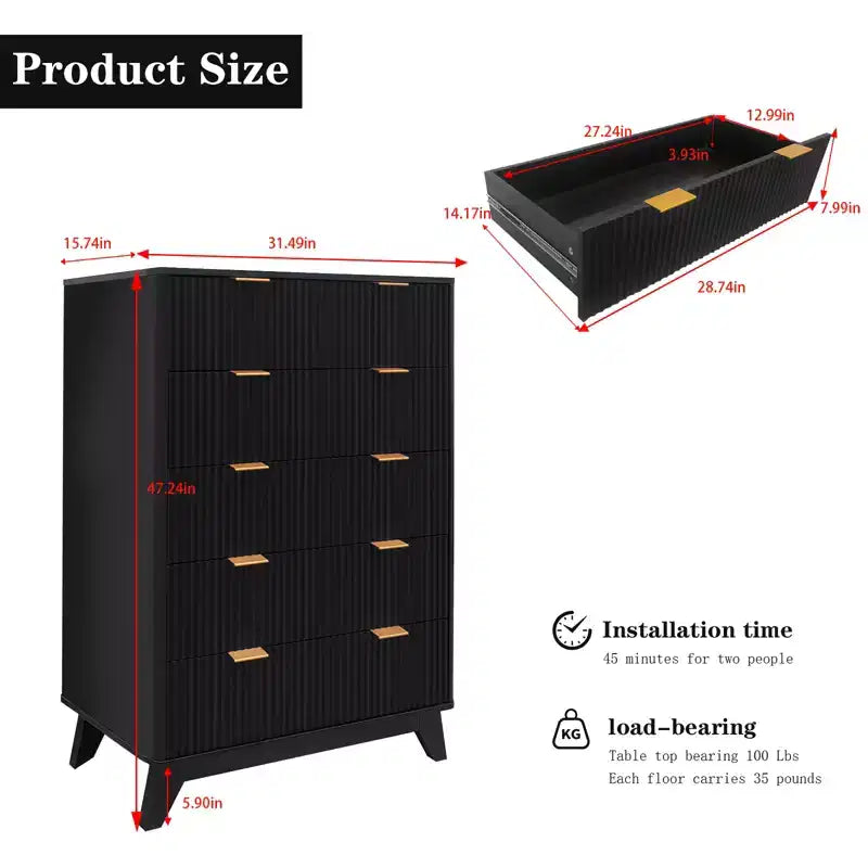 Commode cannelée à 5 tiroirs, commode moderne de 122 cm de hauteur avec dispositif anti-basculement, organisateur de rangement en bois pour chambre à coucher, salon, couloir