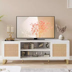 Meuble TV moderne en rotin pour téléviseurs jusqu'à 65 pouces, meuble de divertissement de 57 pouces avec armoire et étagères ouvertes, table console multimédia en bois, buffet.