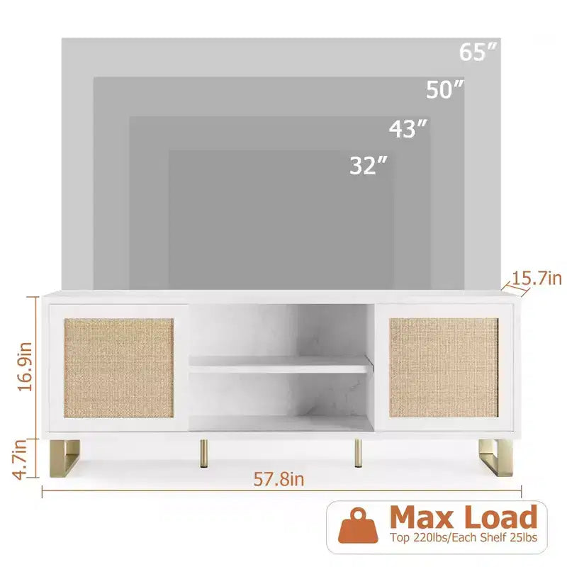 Meuble TV moderne en rotin pour téléviseurs jusqu'à 65 pouces, meuble de divertissement de 57 pouces avec armoire et étagères ouvertes, table console multimédia en bois, buffet.