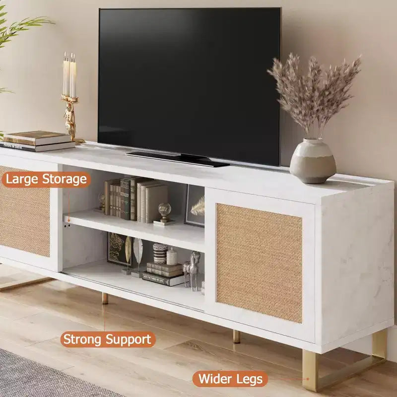 Meuble TV moderne en rotin pour téléviseurs jusqu'à 65 pouces, meuble de divertissement de 57 pouces avec armoire et étagères ouvertes, table console multimédia en bois, buffet.