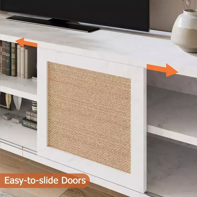 Meuble TV moderne en rotin pour téléviseurs jusqu'à 65 pouces, meuble de divertissement de 57 pouces avec armoire et étagères ouvertes, table console multimédia en bois, buffet.