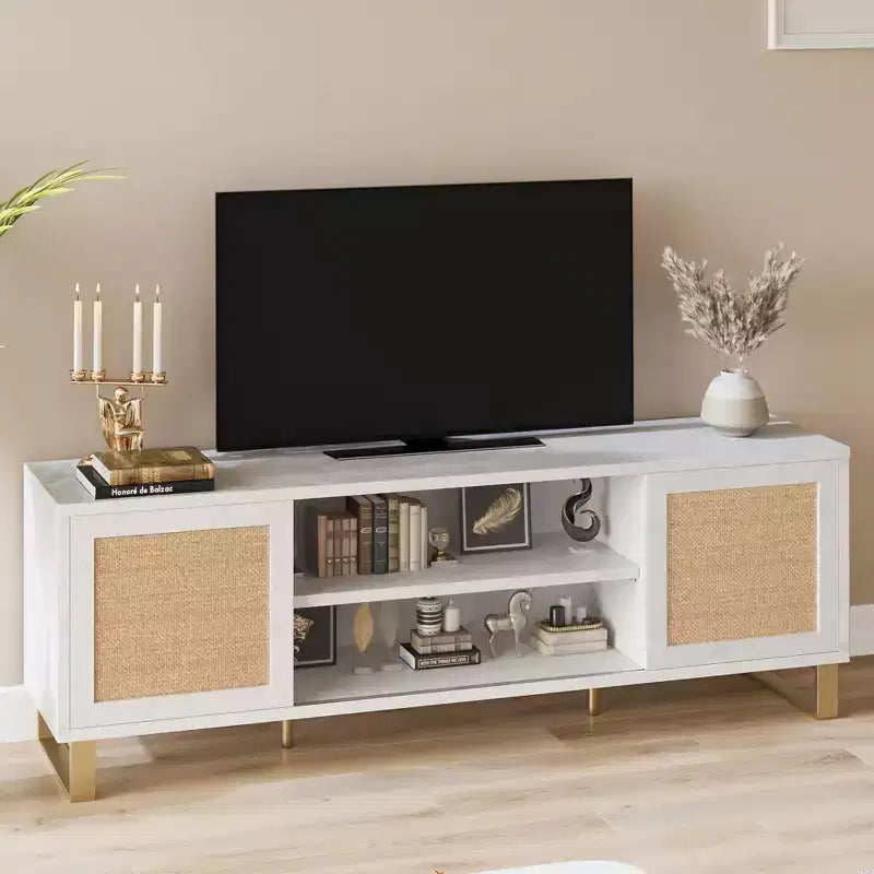 Meuble TV moderne en rotin pour téléviseurs jusqu'à 65 pouces, meuble de divertissement de 57 pouces avec armoire et étagères ouvertes, table console multimédia en bois, buffet.