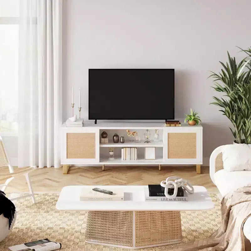 Meuble TV moderne en rotin pour téléviseurs jusqu'à 65 pouces, meuble de divertissement de 57 pouces avec armoire et étagères ouvertes, table console multimédia en bois, buffet.