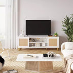 Meuble TV moderne en rotin pour téléviseurs jusqu'à 65 pouces, meuble de divertissement de 57 pouces avec armoire et étagères ouvertes, table console multimédia en bois, buffet.