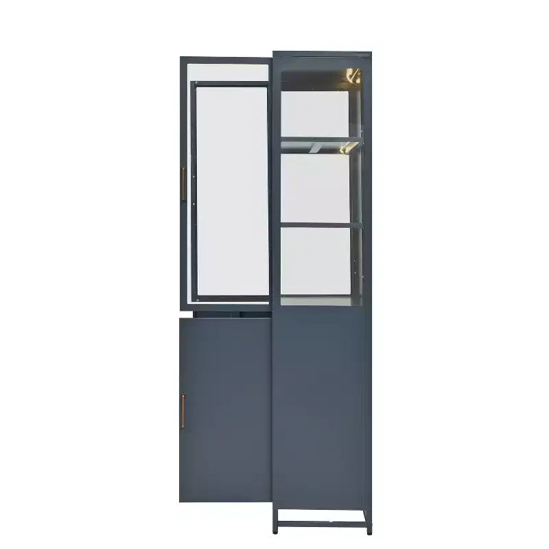 Meuble de rangement haut Okak avec porte vitrée et LED, bibliothèque en acier, meuble de rangement pour cuisine/couloir/salon/bureau