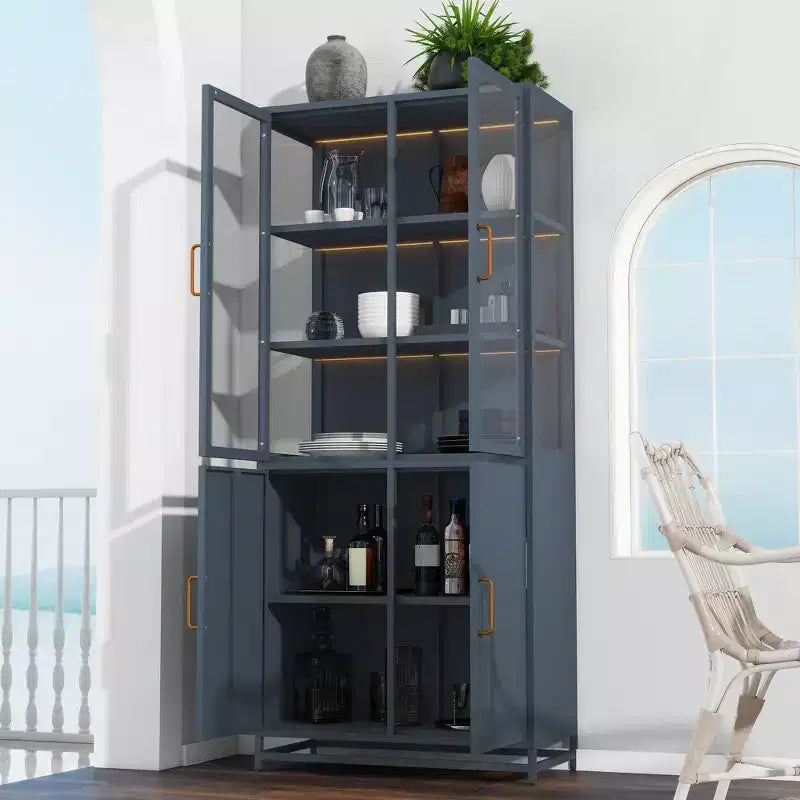 Meuble de rangement haut Okak avec porte vitrée et LED, bibliothèque en acier, meuble de rangement pour cuisine/couloir/salon/bureau