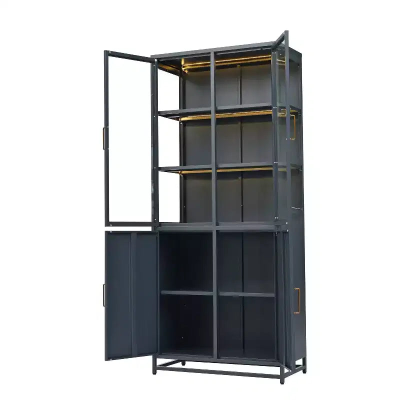 Meuble de rangement haut Okak avec porte vitrée et LED, bibliothèque en acier, meuble de rangement pour cuisine/couloir/salon/bureau
