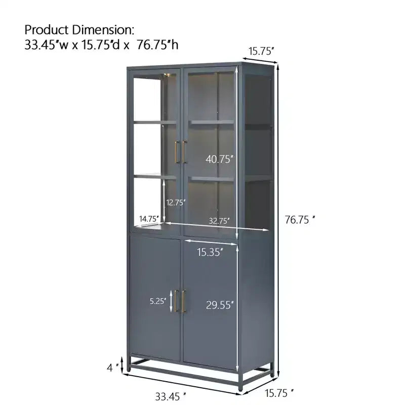 Meuble de rangement haut Okak avec porte vitrée et LED, bibliothèque en acier, meuble de rangement pour cuisine/couloir/salon/bureau