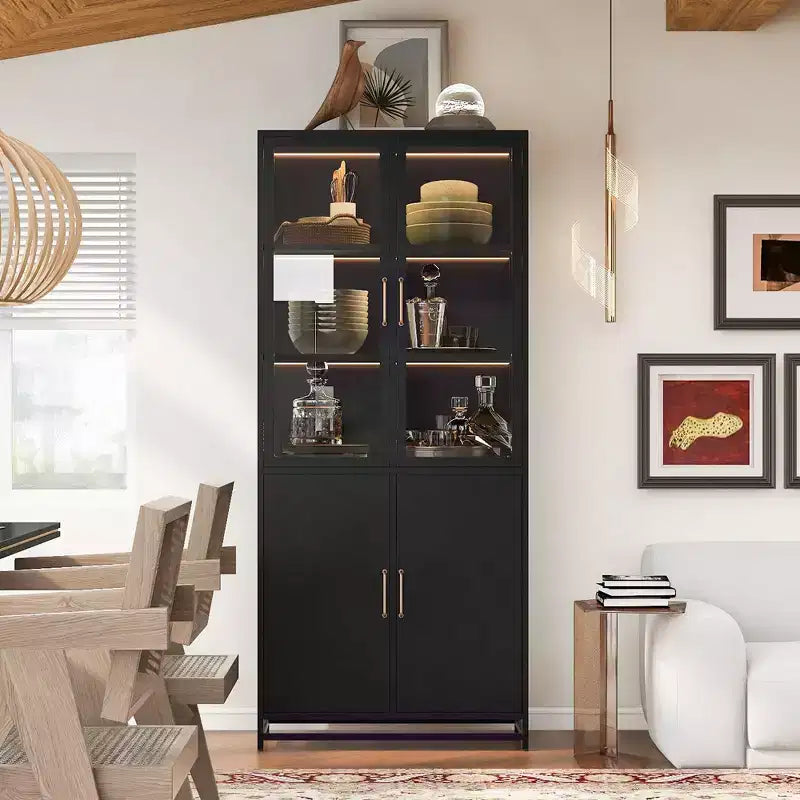 Meuble de rangement haut Okak avec porte vitrée et LED, bibliothèque en acier, meuble de rangement pour cuisine/couloir/salon/bureau