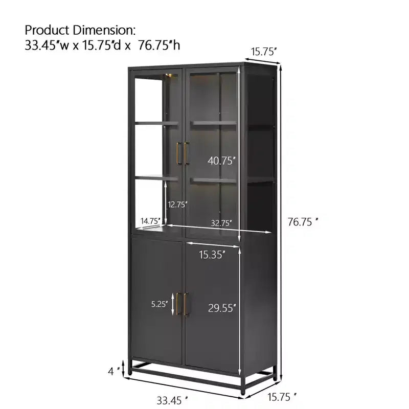 Meuble de rangement haut Okak avec porte vitrée et LED, bibliothèque en acier, meuble de rangement pour cuisine/couloir/salon/bureau