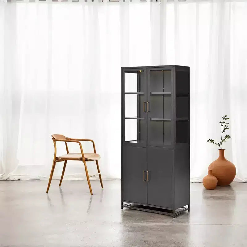 Meuble de rangement haut Okak avec porte vitrée et LED, bibliothèque en acier, meuble de rangement pour cuisine/couloir/salon/bureau
