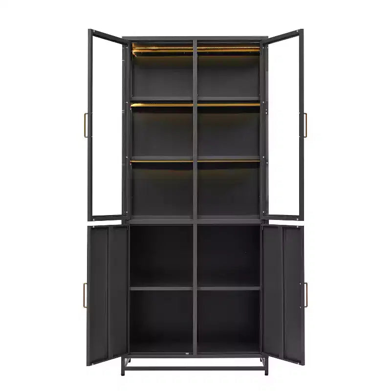 Meuble de rangement haut Okak avec porte vitrée et LED, bibliothèque en acier, meuble de rangement pour cuisine/couloir/salon/bureau