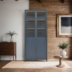 Meuble de rangement haut Okak avec porte vitrée et LED, bibliothèque en acier, meuble de rangement pour cuisine/couloir/salon/bureau