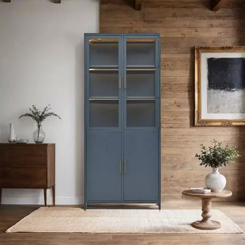 Meuble de rangement haut Okak avec porte vitrée et LED, bibliothèque en acier, meuble de rangement pour cuisine/couloir/salon/bureau