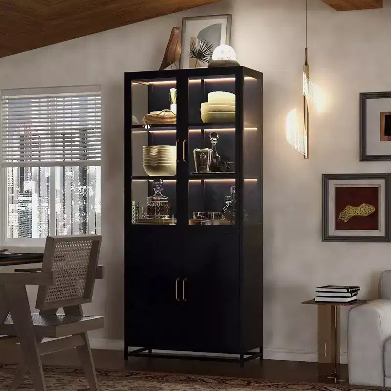Meuble de rangement haut Okak avec porte vitrée et LED, bibliothèque en acier, meuble de rangement pour cuisine/couloir/salon/bureau