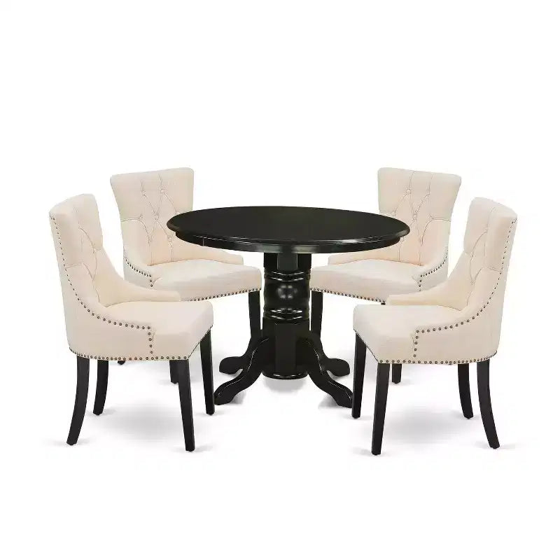 HomeStock Belmont, ensemble de meubles de salle à manger 5 pièces, comprenant une table à manger ronde avec pied central et 4 chaises à assise en bois, 42x42 pouces, Blanc lin
