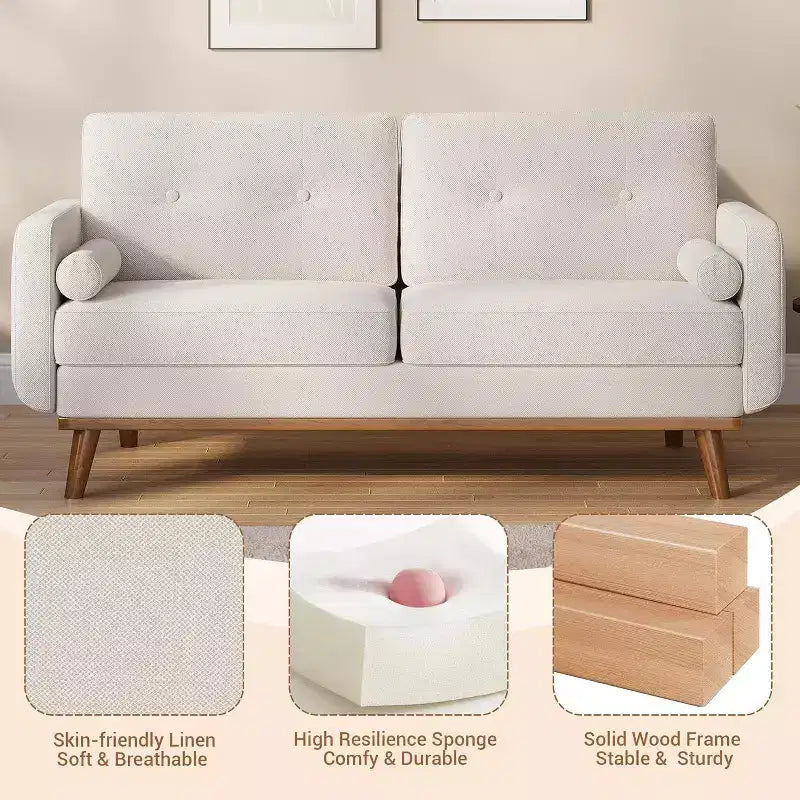 Acekool Canapé 2 places moderne du milieu du siècle 65, Canapé en lin à assise profonde pour salon, chambre à coucher, petit espace, Beige