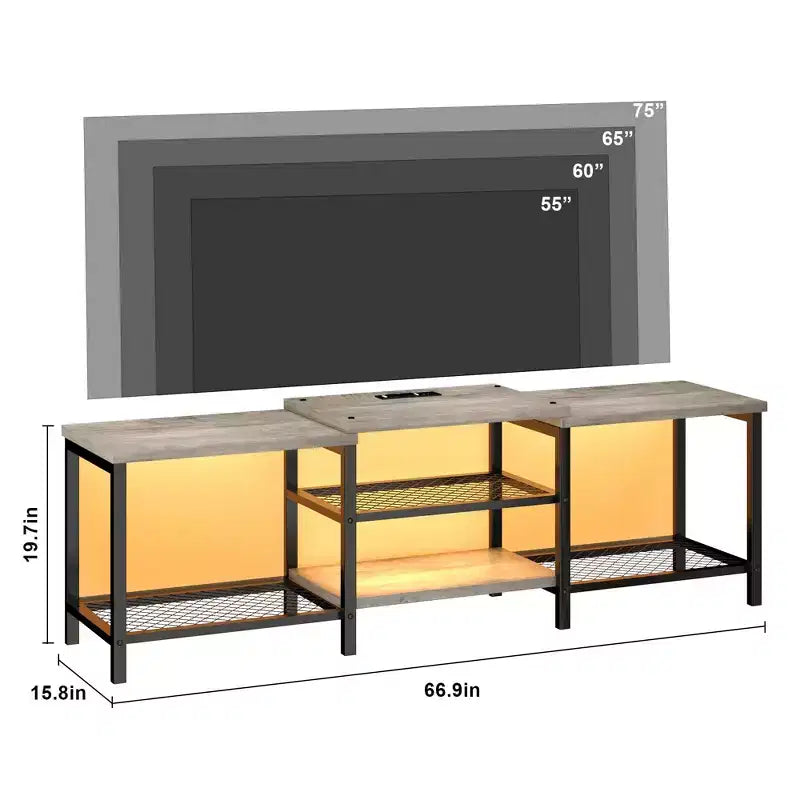 Meuble TV pour téléviseurs jusqu'à 75 pouces, meuble de divertissement de 170 cm avec prise de courant, console multimédia TV avec étagères de rangement ouvertes à 3 niveaux pour salon