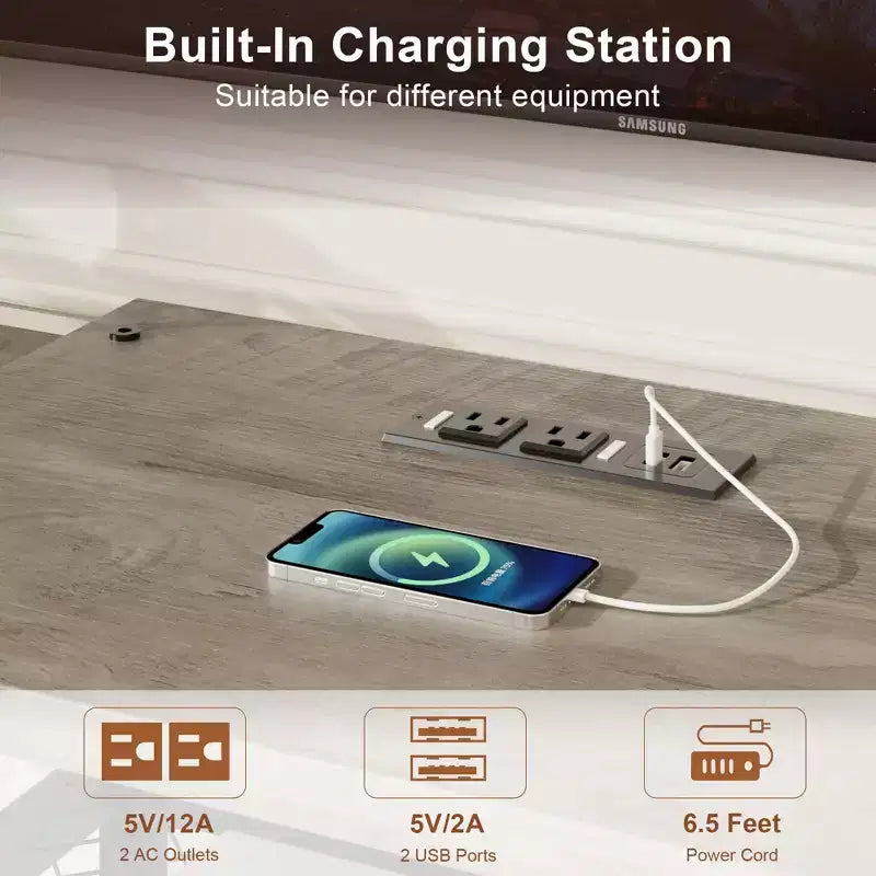 Meuble TV pour téléviseurs jusqu'à 75 pouces, meuble de divertissement de 170 cm avec prise de courant, console multimédia TV avec étagères de rangement ouvertes à 3 niveaux pour salon