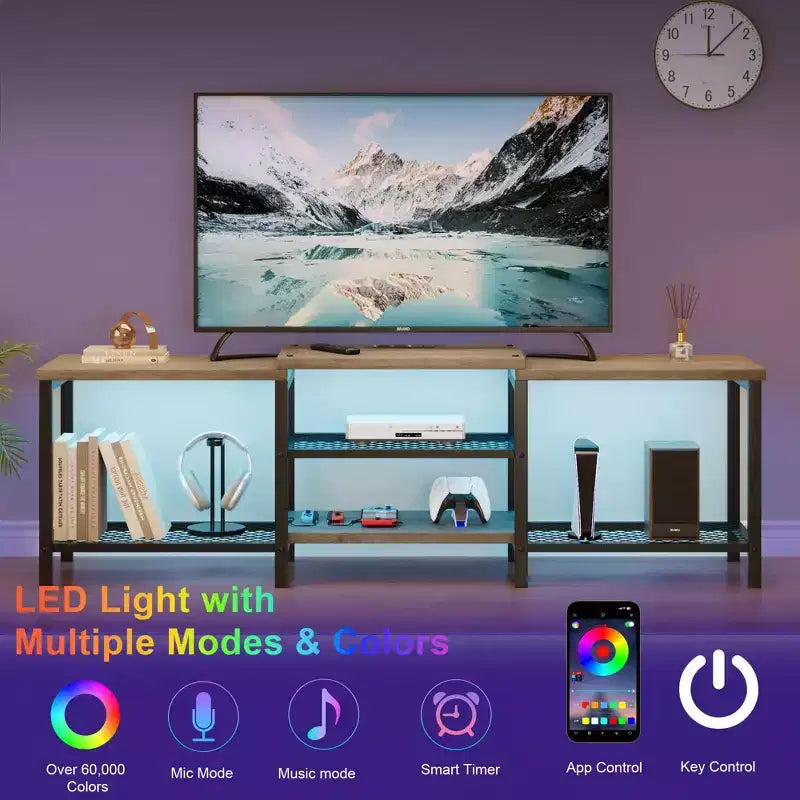 Meuble TV pour téléviseurs jusqu'à 75 pouces, meuble de divertissement de 170 cm avec prise de courant, console multimédia TV avec étagères de rangement ouvertes à 3 niveaux pour salon