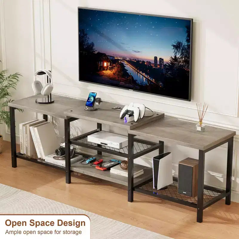 Meuble TV pour téléviseurs jusqu'à 75 pouces, meuble de divertissement de 170 cm avec prise de courant, console multimédia TV avec étagères de rangement ouvertes à 3 niveaux pour salon