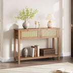 Rattan Entryway Table with Drawers, Boho Console Table for Entryway, Wooden Sofa Table with Storage, 2 Tier Console Table for Living Rooms, Hallway