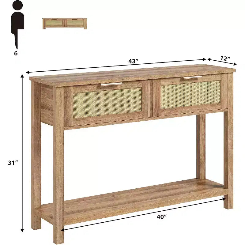 Table d'entrée en rotin avec tiroirs, console bohème pour entrée, table de canapé en bois avec rangement, console à 2 niveaux pour salons, couloir