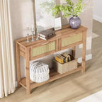 Table d'entrée en rotin avec tiroirs, console bohème pour entrée, table de canapé en bois avec rangement, console à 2 niveaux pour salons, couloir