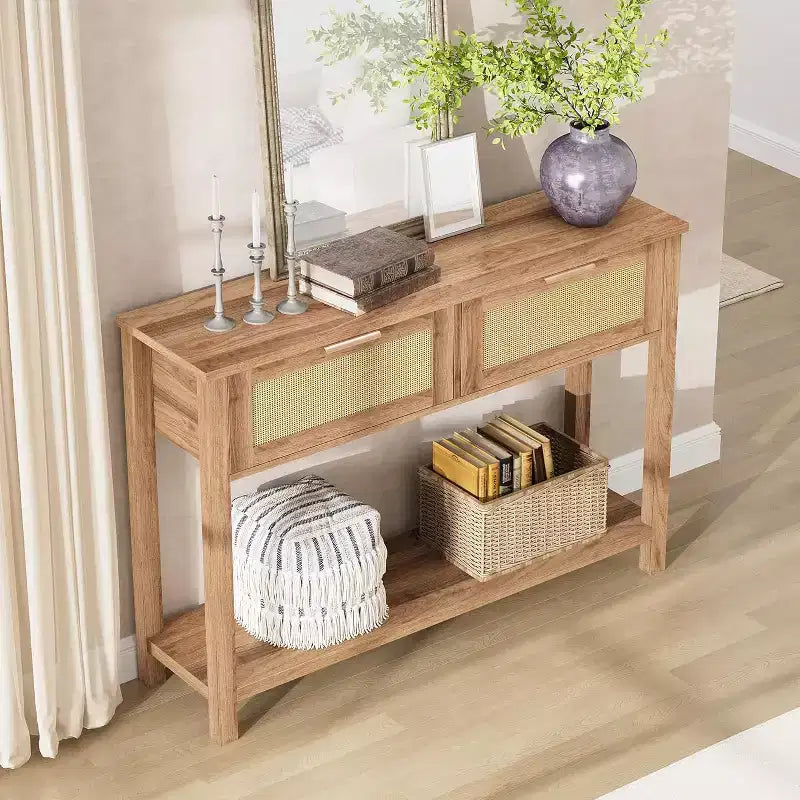 Table d'entrée en rotin avec tiroirs, console bohème pour entrée, table de canapé en bois avec rangement, console à 2 niveaux pour salons, couloir