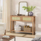 Table d'entrée en rotin avec tiroirs, console bohème pour entrée, table de canapé en bois avec rangement, console à 2 niveaux pour salons, couloir