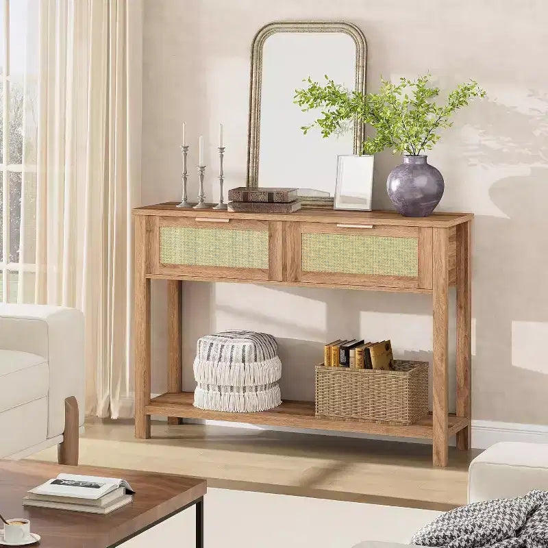 Table d'entrée en rotin avec tiroirs, console bohème pour entrée, table de canapé en bois avec rangement, console à 2 niveaux pour salons, couloir
