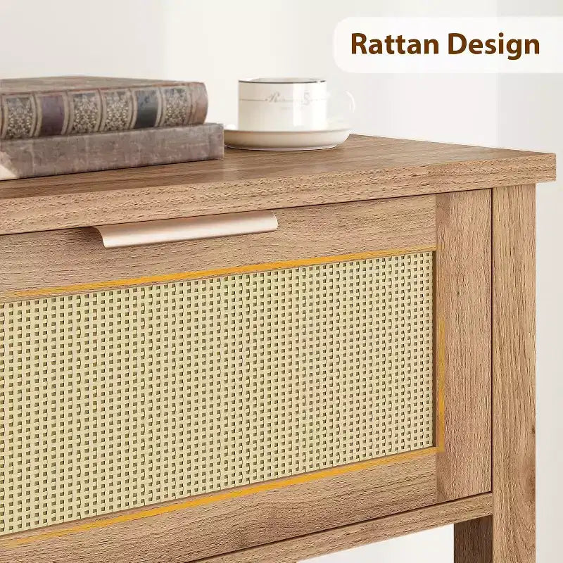 Table d'entrée en rotin avec tiroirs, console bohème pour entrée, table de canapé en bois avec rangement, console à 2 niveaux pour salons, couloir