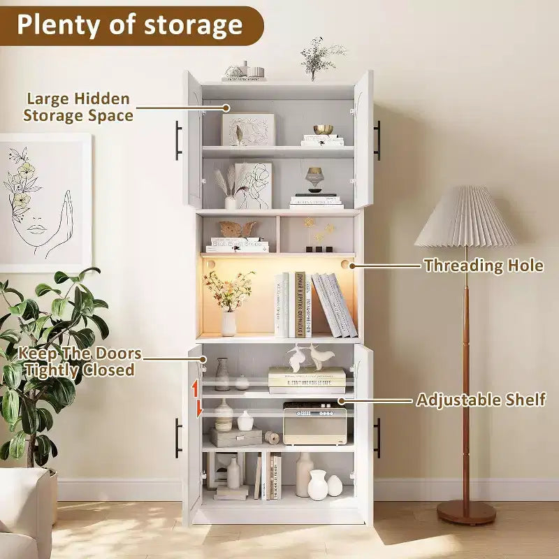 Meuble de rangement de cuisine de 71", Armoire de cuisine haute avec lumières LED, Meuble de cuisine autoportant avec étagère pour micro-ondes, pour salle à manger, salle de bain, salon