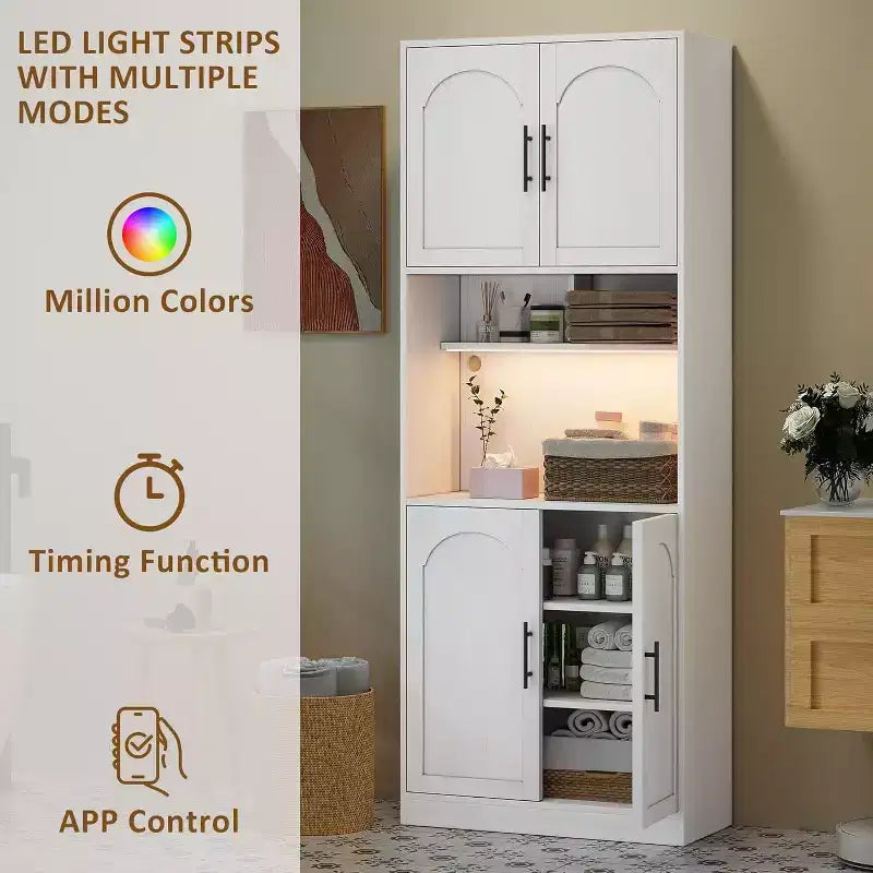 Meuble de rangement de cuisine de 71", Armoire de cuisine haute avec lumières LED, Meuble de cuisine autoportant avec étagère pour micro-ondes, pour salle à manger, salle de bain, salon